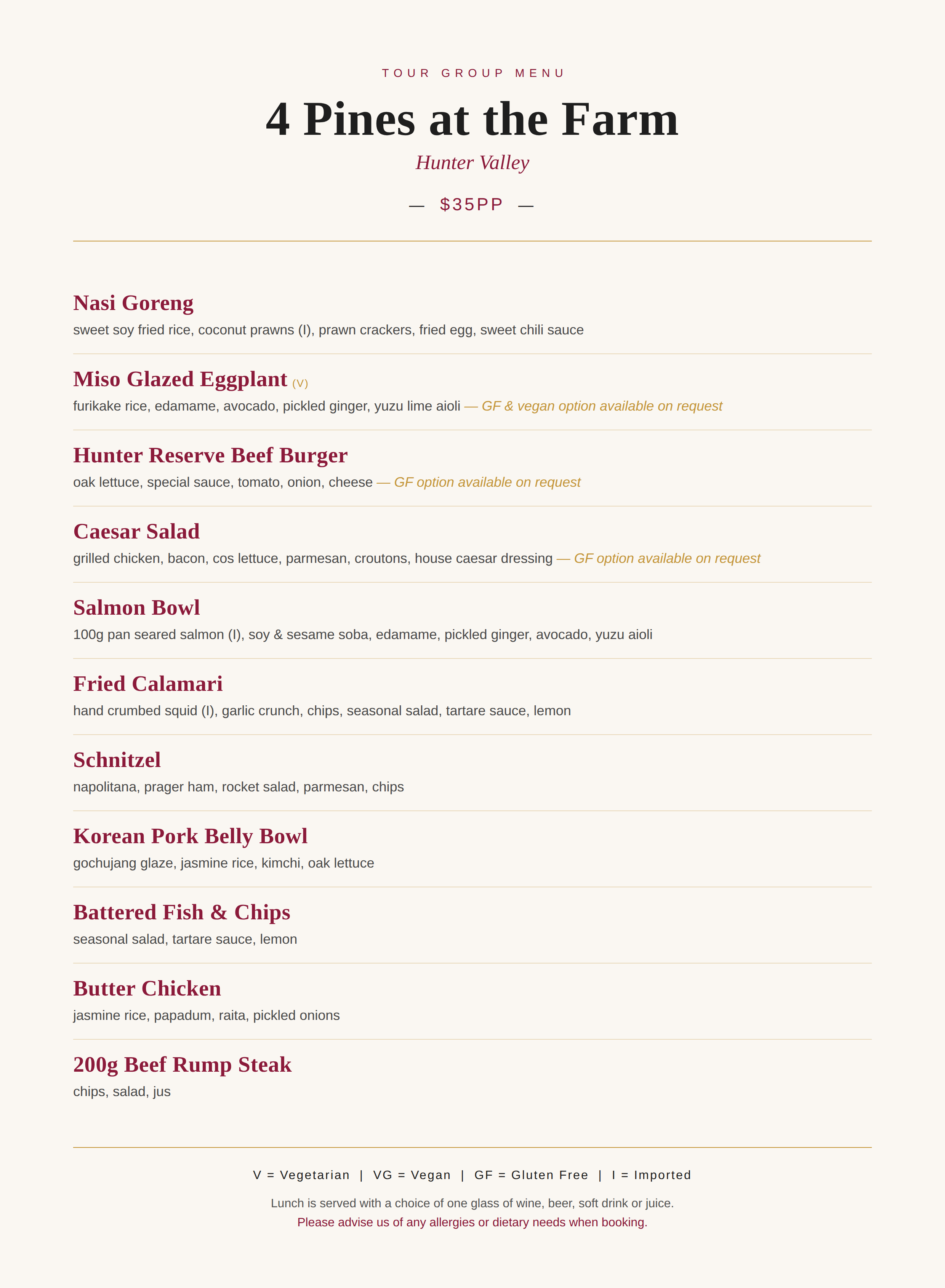 4 Pines at the Farm tour group lunch menu